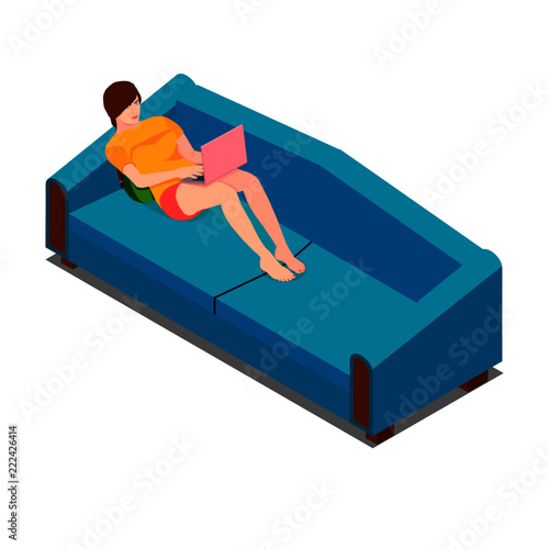 A freelancer girl is working at home on a laptop on the sofa. The girl isometrics sitting on sofa with laptop.