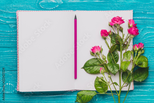 Open book with pencil and purple flowers