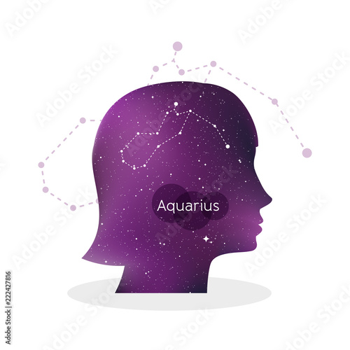 Aquarius zodiac sign. Woman portrait in profile. Horoscope symbol, linear constellation. Star universe texture. Vector illustration