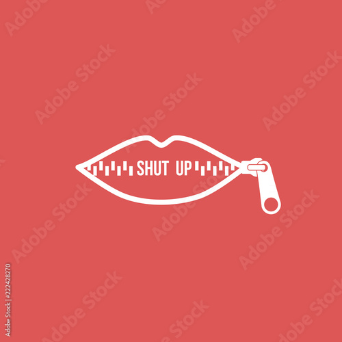 Lips zipped. Woman's mouth with zipper closing lips shut. Concept of shut up, keeping quiet. Vector illustration, flat design