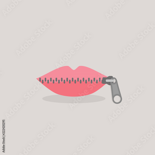 Lips zipped. Woman's mouth with zipper closing lips shut. Concept of shut up, keeping quiet. Vector illustration, flat design