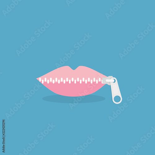 Lips zipped. Woman's mouth with zipper closing lips shut. Concept of shut up, keeping quiet. Vector illustration, flat design
