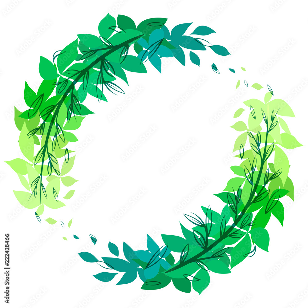 Naklejka premium Round green wreath of leaves with doodle branches. The object is separate from the background. Vector flat element for invitation cards, greeting cards and your design