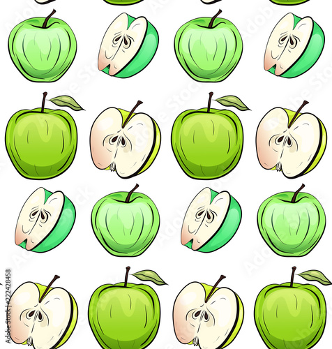 Seamless texture of cartoon green apples of different shapes in row on white background. Children doodle pattern for wallpaper, fabrics, backgrounds and your creativity.