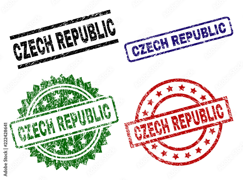 CZECH REPUBLIC seal prints with distress texture. Black, green,red,blue vector rubber prints of CZECH REPUBLIC label with scratched texture. Rubber seals with round, rectangle, medallion shapes. CZECH REPUBLIC seal prints with distress texture. Black, green,red,blue vector rubber prints of CZECH REPUBLIC label with scratched texture. Rubber seals with round, rectangle, medallion shapes.