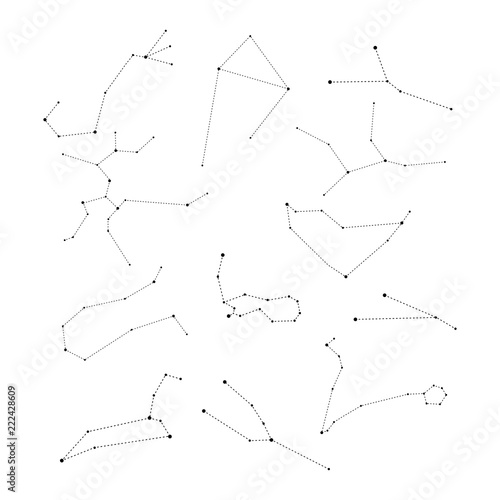 Zodiac Constellations Set. Zodiac signs: Aries, Taurus, Gemini, Cancer, Leo, Virgo, Libra, Scorpio, Sagittarius, Capricorn, Aquarius, Pisces. Black icons. Vector illustration