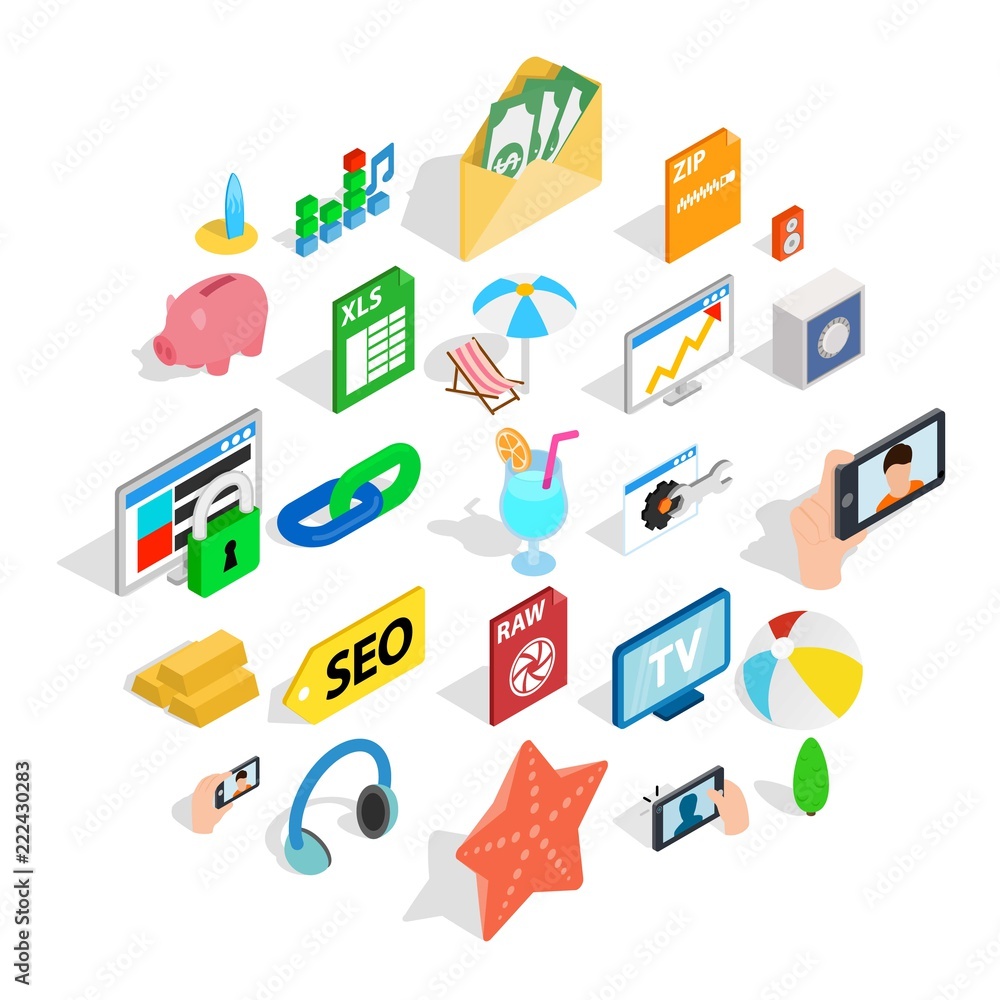 Camera phone icons set. Isometric set of 25 camera phone vector icons for web isolated on white background Camera phone icons set. Isometric set of 25 camera phone vector icons for web isolated on white background