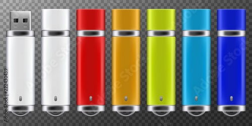 USB Flash Drive. 3d flash disk blank mockup set for design. Vector illustration