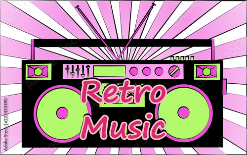 old vintage retro hipster stylish music audio tape recorder for audiocassettes of the 70's, 80's, 90's and an inscription retro music. The background. Vector illustration. Disco poster