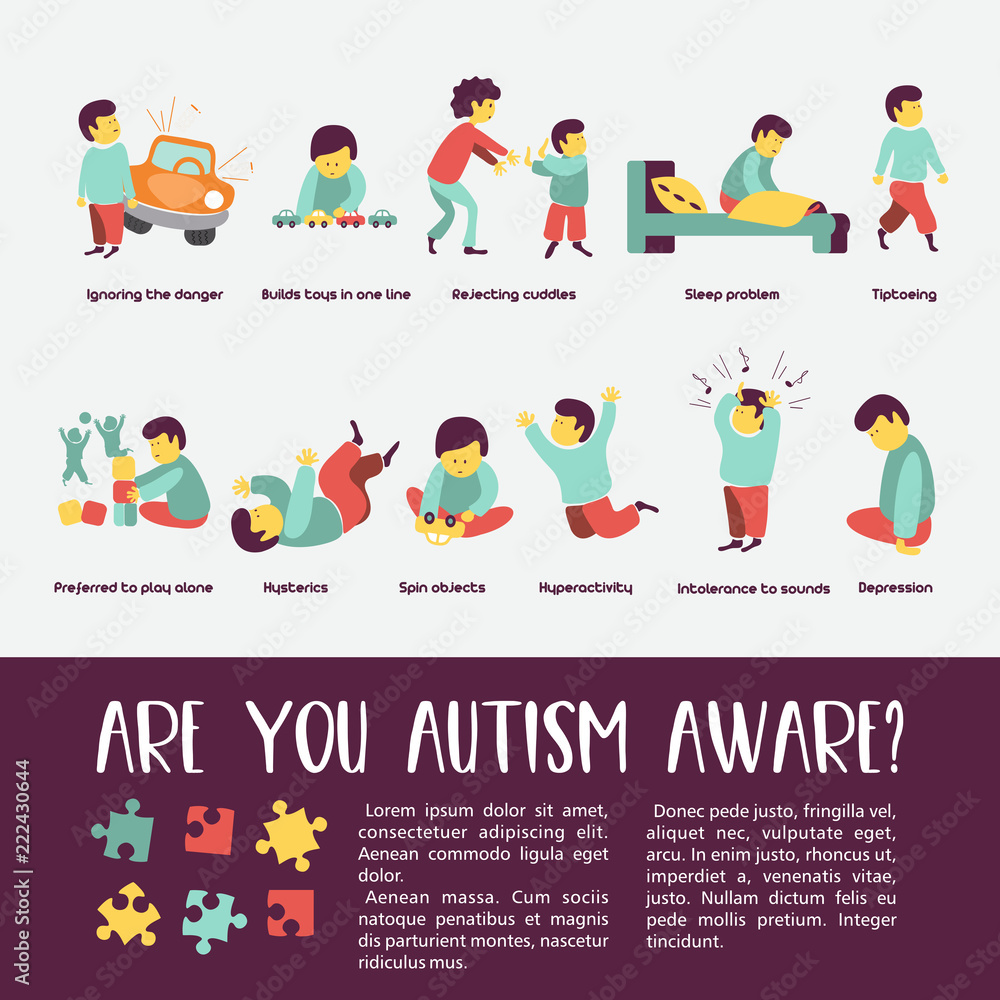 Autism. Early signs of autism syndrome in children. Vector illustration
