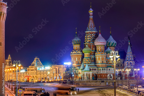 Night view of Saint Basil s Cathedral and Red Square in Moscow  Russia. Architecture and landmark of Moscow. Night winter cityscape of Moscow