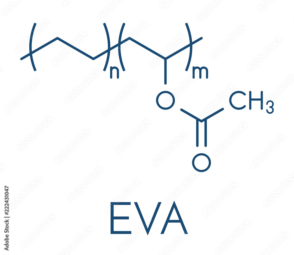 Ethylene-vinyl acetate (EVA) copolymer, chemical structure. Skeletal formula. Ethylene-vinyl acetate (EVA) copolymer, chemical structure. Skeletal formula.