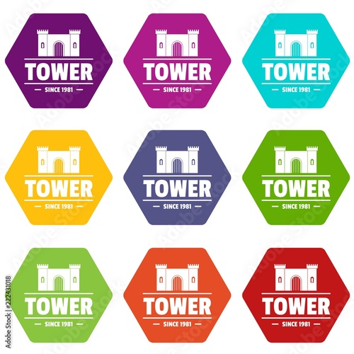 Luxury tower icons 9 set coloful isolated on white for web