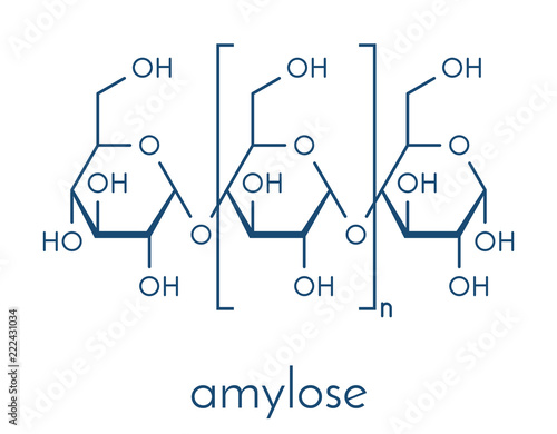 Amylose polysaccharide polymer, chemical structure. Component of starch (in addition to amylopectin). Skeletal formula.