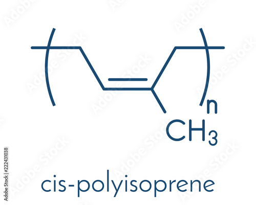 Natural rubber (cis-1,4-polyisoprene), chemical structure. Used to manufacture surgeons' gloves, condoms, boots, car tires, etc. Skeletal formula.