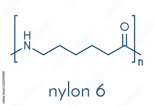 Polycaprolactam (nylon 6) polymer, chemical structure. Polyamide frequently used for production of synthetic fibers. Skeletal formula.