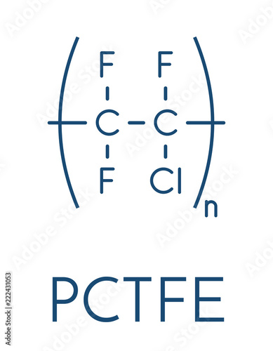 Polychlorotrifluoroethylene (PCTFE) polymer, chemical structure. Homopolymer of chlorotrifluoroethylene. Skeletal formula.