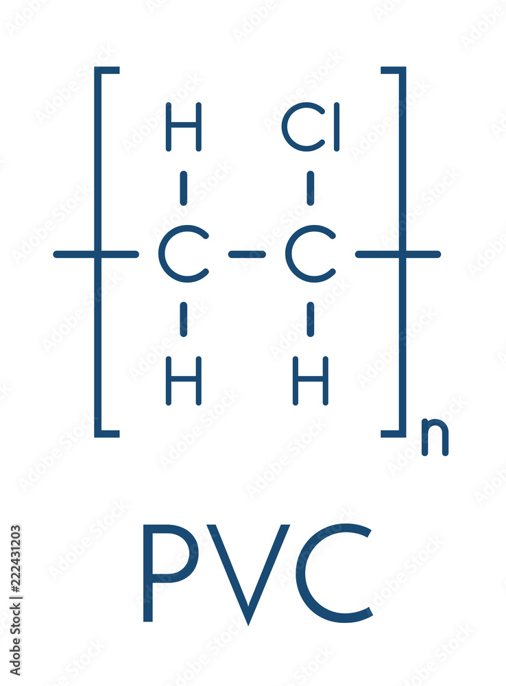 poly(vinyl chloride) plastic (PVC), chemical structure. Used in production  of pipes, window frames, electric cable insulation, vinyl records, etc.  Skeletal formula. Stock Vector | Adobe Stock