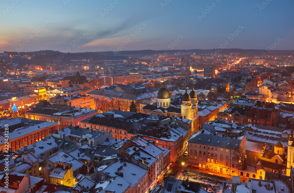 Winter view on the downtown in Lviv, Ukraine.