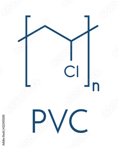 poly(vinyl chloride) plastic (PVC), chemical structure. Used in production of pipes, window frames, electric cable insulation, vinyl records, etc. Skeletal formula.