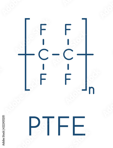 Polytetrafluoroethylene (PTFE) polymer, chemical structure. Used as lubricant and in non-stick cookware. Skeletal formula.