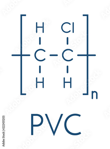 poly(vinyl chloride) plastic (PVC), chemical structure. Used in production of pipes, window frames, electric cable insulation, vinyl records, etc. Skeletal formula.