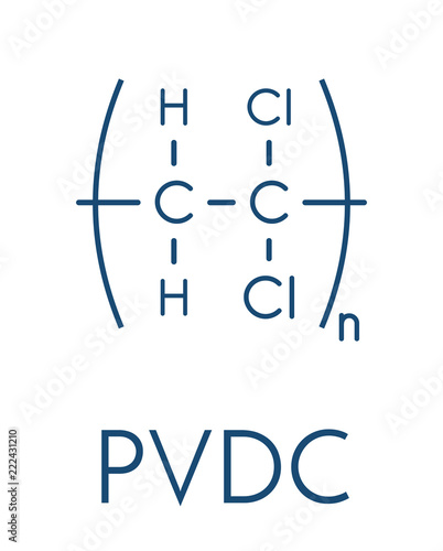 Polyvinylidene chloride (PVDC) polymer, chemical structure. Skeletal formula.