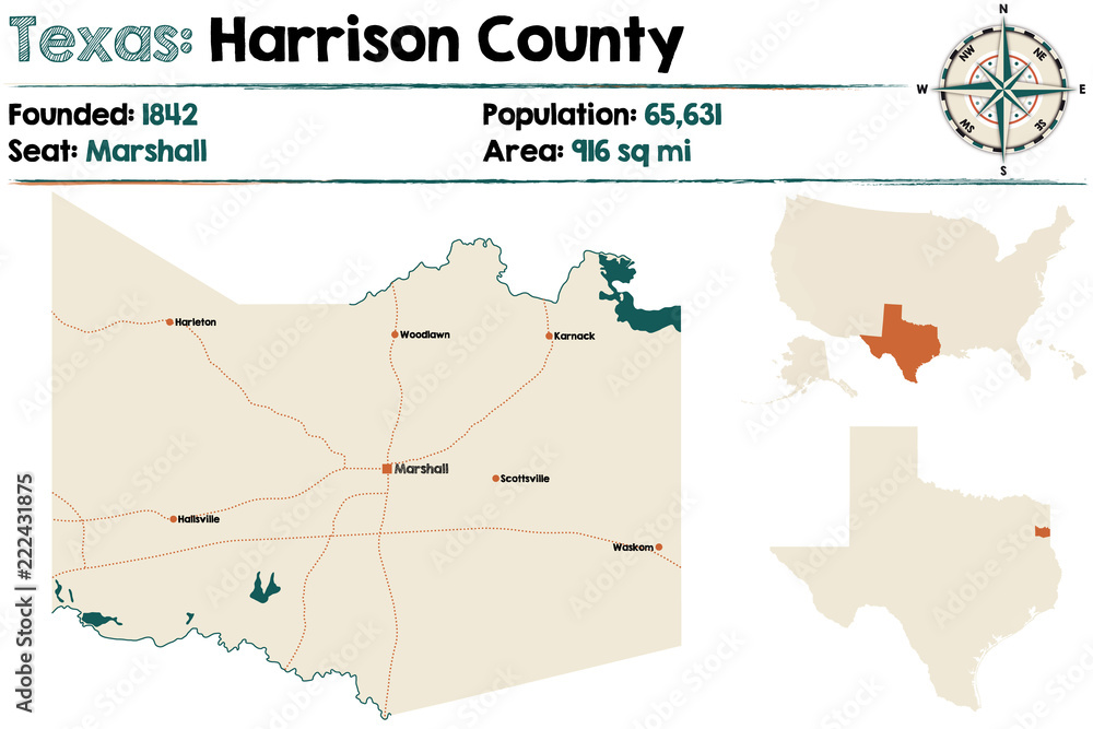 Detailed map of Harrison county in Texas, USA.