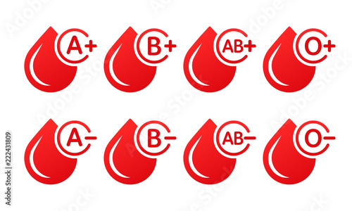 Blood group vector icons isolated on white. Drops of blood with blood type
