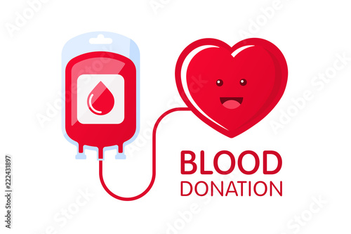 Donate blood concept with blood bag and heart character. Blood donation vector illustration. World blood donor day.