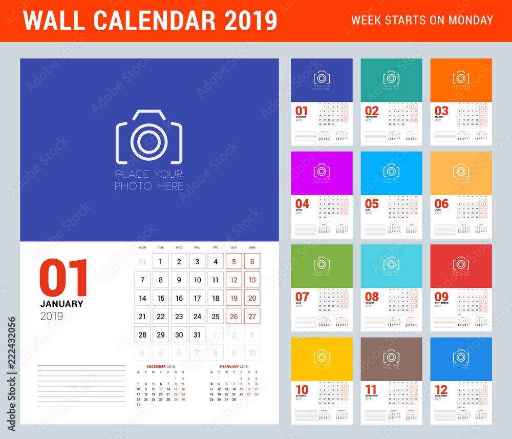 Wall calendar planner template for 2019 year. Set of 12 months. Week starts on Monday. Vector illustration Wall calendar planner template for 2019 year. Set of 12 months. Week starts on Monday. Vector illustration