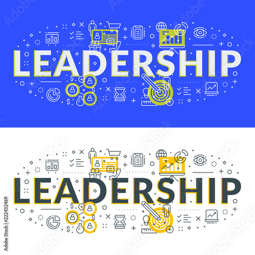 Leadership. Flat line illustration concept for web banner and printed materials. Vector illustration in 2 different styles. White and blue background