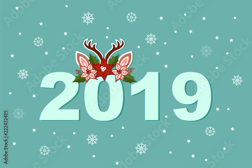 Vector Illustration with 2019 and Deer headband as Happy New Year postcard  party invitation  postcard motive  Merry Christmas card.