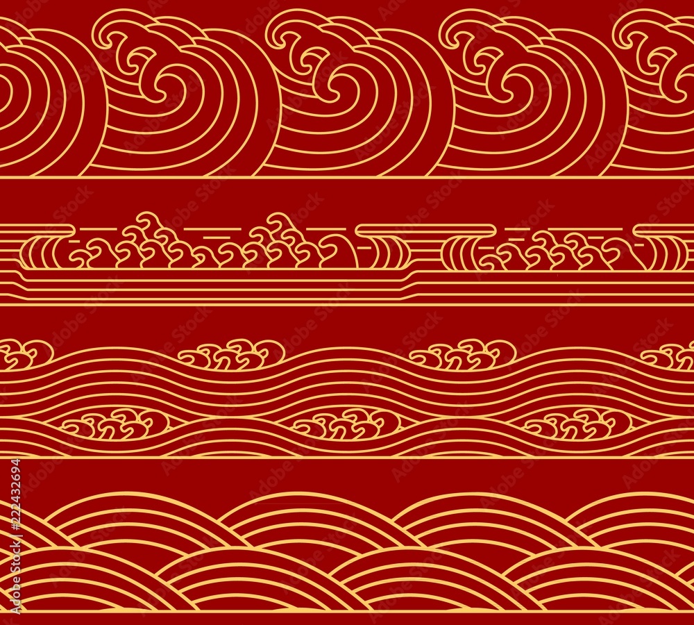 Water Chinese Sea collection, ocean waves theme, trendy retro seamless horizontal pattern. Asian Japanese style for design. Water Chinese Sea collection, ocean waves theme, trendy retro seamless horizontal pattern. Asian Japanese style for design.