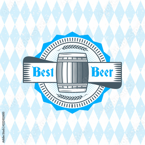 Beer festival Oktoberfest celebrations. Vintage beer badge on the traditional Bavarian linen flag background