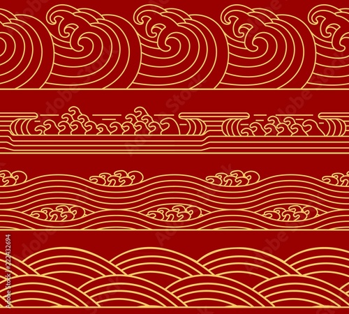 Water Chinese Sea collection, ocean waves theme, trendy retro seamless horizontal pattern. Asian Japanese style for design.