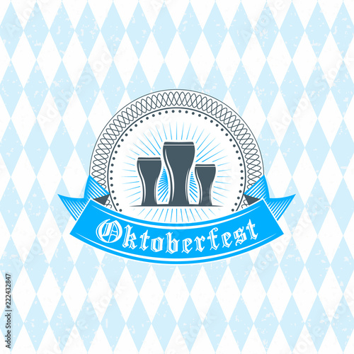 Beer festival Oktoberfest celebrations. Vintage beer badge on the traditional Bavarian linen flag background
