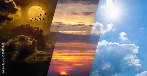 Day and night, light and darkness, sun and moon. Weather forecast collage