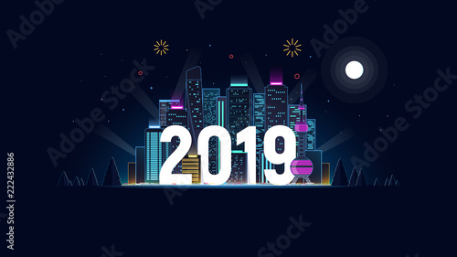 Night city in neon lights. 2019. New Year. Merry Christmas. Concept design of neon skyscrapers and 2019 year. Modern futuristic background with big city for greeting template. Vector illustration.