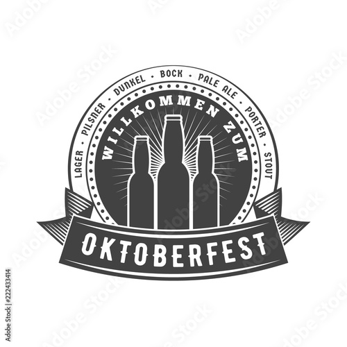 Oktoberfest celebration. Beer festival retro style badge, label, emblem. Black on white background. Vector illustration. Beer label template