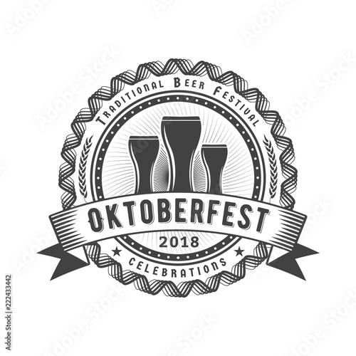 Oktoberfest celebration. Beer festival retro style badge, label, emblem. Black on white background. Vector illustration. Beer label template