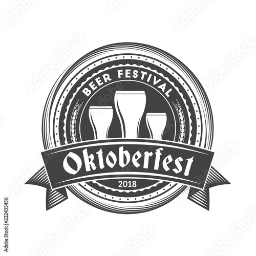 Oktoberfest celebration. Beer festival retro style badge, label, emblem. Black on white background. Vector illustration. Beer label template