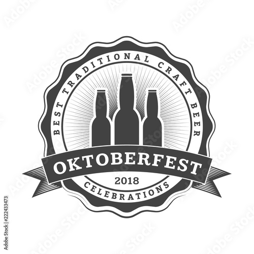 Oktoberfest celebration. Beer festival retro style badge, label, emblem. Black on white background. Vector illustration. Beer label template