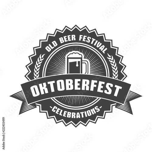 Oktoberfest celebration. Beer festival retro style badge, label, emblem. Black on white background. Vector illustration. Beer label template
