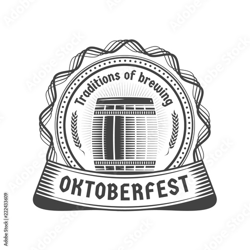 Oktoberfest celebration. Beer festival retro style badge, label, emblem. Black on white background. Vector illustration. Beer label template