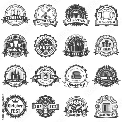 Beer festival Oktoberfest celebrations. Set of retro vintage beer badges, labels, logos for bar, pub, beer party. Vector design elements. Black on white background