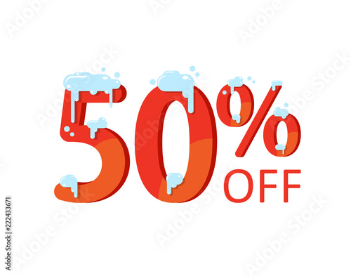 A discount of fifty percent. Winter Sale, figures in the snow