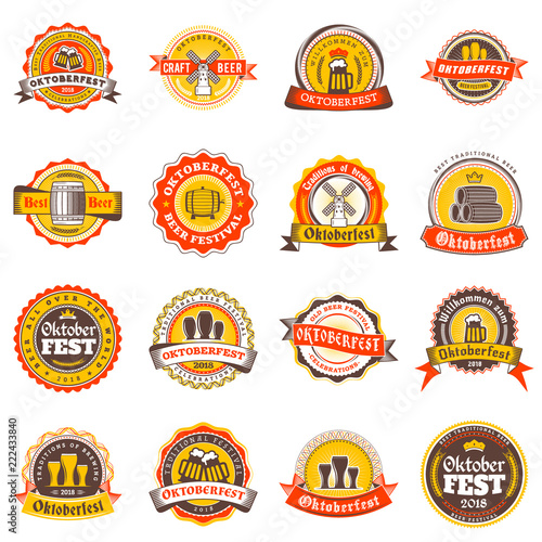 Beer festival Oktoberfest celebrations. Set of retro vintage beer badges, labels, logos for bar, pub, beer party. Vector design elements