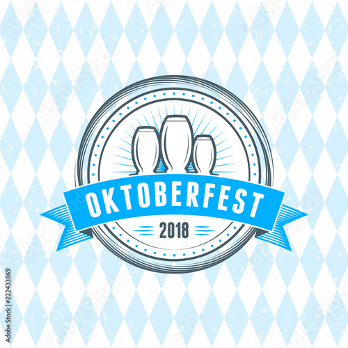 Beer festival Oktoberfest celebrations. Vintage beer badge on the traditional Bavarian linen flag background
