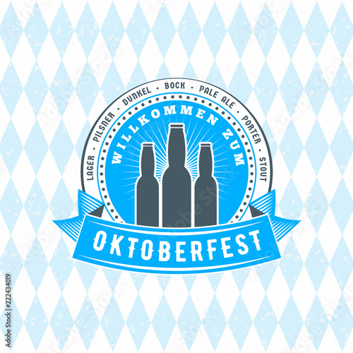 Beer festival Oktoberfest celebrations. Vintage beer badge on the traditional Bavarian linen flag background